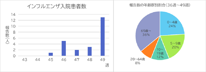 インフルエンザ入院患者数と報告数の年齢群別割合(36週~49週)